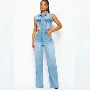 New Denim Cut Out Jumpsuit Wide Leg Lora Gal Boutique Brand Utility Y2K